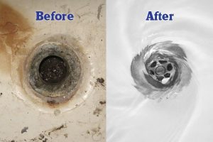 Shows shower drain clogged and after clog is cleared